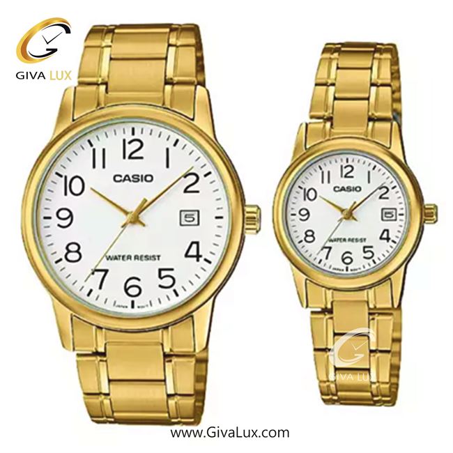 ساعت مچی اورجینال ست کاسیو Casio طلایی | طلایی| مشکی| کد رفرنس زنانه: LTP-V002G-7B2UDF، مردانه: MTP-V002G-7B2UDF